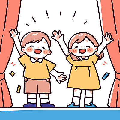 전신 여자 남자 어린이 일러스트 웃음 소녀 소년 두명 반짝임 손들기 귀여움 만세 무대 커튼 꽃가루 장기자랑 학예회 어린이만 일러캐릭터 AI파일 캐릭터 컨셉 모션 표정 사람 가루 발표회 파일형식 벡터