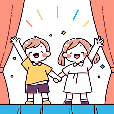 전신 여자 남자 어린이 일러스트 웃음 소녀 소년 두명 반짝임 손들기 귀여움 손잡기 무대 커튼 장기자랑 학예회 어린이만 일러캐릭터 AI파일 캐릭터 컨셉 모션 표정 사람 발표회 파일형식 벡터