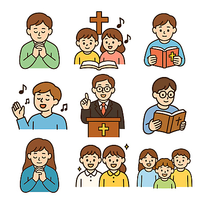 아이콘 여자 남자 기독교 어린이 십자가 음표 들기 소녀 소년 여러명 상반신 성인 반짝임 교회 성경 기도 가리킴 찬송가 읽기 손모으기 단상 안경낌 2D아이콘 AI파일 기호 종교 안경 음악 다수 노래 종교용품 종교건축 모션 사람 손짓 건물 파일형식 벡터
