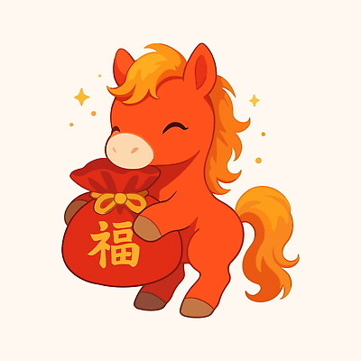 한마리 일러스트 안기 새해 복주머니 미소 웃음 사람없음 빨간색 반짝임 귀여움 복 소중 말띠 말캐릭터 일러캐릭터 병오년 붉은말 AI파일 캐릭터 1 컬러 동물캐릭터 컨셉 모션 전통소품 표정 한자 십이지신 말_동물 파일형식 벡터 2026년