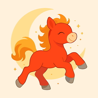 한마리 일러스트 새해 사람없음 빨간색 반짝임 귀여움 초승달 말띠 말캐릭터 일러캐릭터 병오년 붉은말 AI파일 캐릭터 1 컬러 동물캐릭터 컨셉 모션 달 십이지신 말_동물 파일형식 벡터 2026년