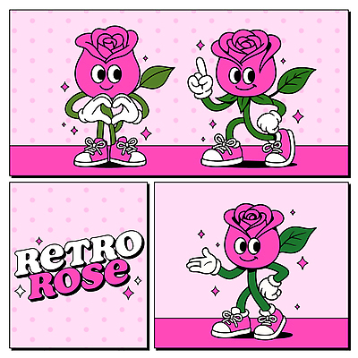 1 허리손 잎 일러스트 미소 사람없음 반짝임 장미 걷기 귀여움 활발 가리킴 만화 스니커즈 복고 카툰스타일 꽃캐릭터 손하트 진분홍색 일러캐릭터 AI파일 식물 캐릭터 꽃 분홍색 포즈 운동화 컨셉 모션 표정 손짓 파일형식 벡터