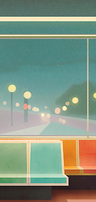 JPG 야경 가로등 의자 일러스트 창문 사람없음 전철 보케 청록색 감성 국내일러스트 AI일러스트 AI콘텐츠 공공시설 육상교통 컬러 가구 컨셉 대중교통 야간 파일형식 풍경_경치