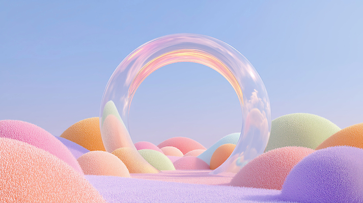 JPG 편집이미지 하늘 추상 사람없음 컬러풀 원형 투명 고리 언덕 부드러움 파스텔톤 몽환 이미지편집 편집실사 AI컴퓨터그래픽 AI콘텐츠 도형 컬러 컨셉 무늬 감각 CG 파일형식