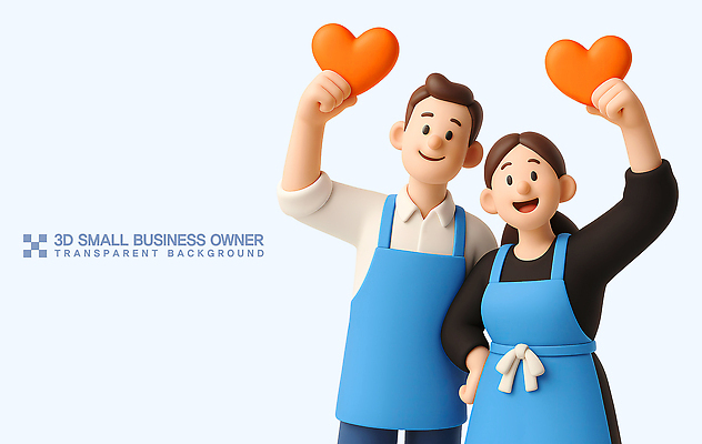 PSD 편집이미지 커플 여자 남자 허리손 3D캐릭터 사랑 미소 들기 성인 두명 3D 앞치마 하트 성인만 소상공인 편집3D 모양 직업 캐릭터 감정 포즈 관계 모션 표정 사람 경제 상인 디지털합성 파일형식