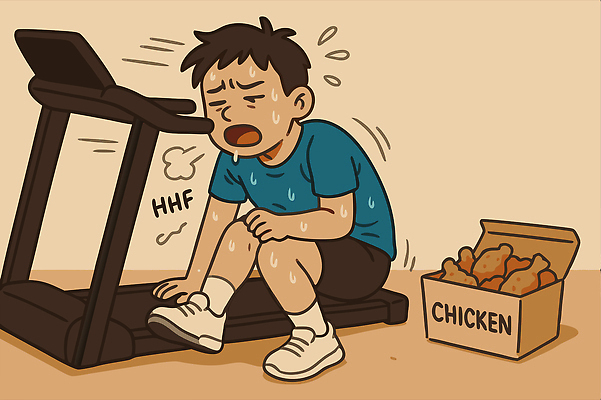 전신 남자 다이어트 일러스트 피곤 한명 성인 운동 치킨 더위 유혹 런닝머신 베이지색 포장용기 힘듦 성인남자한명만 땀흘리기 국내일러스트 AI파일 1 컬러 컨셉 날씨 건강 사람 운동기구 닭고기요리 포장재료 남자한명만 성인남자만 파일형식 벡터