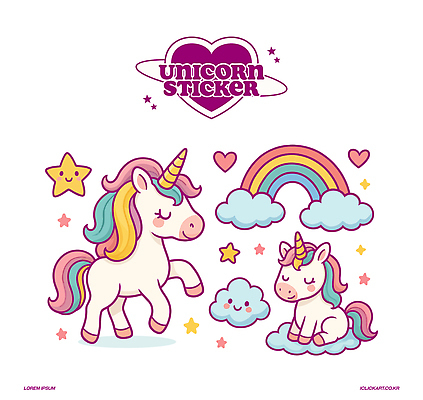 구름 별 무지개 스티커 일러스트 상상 동화 미소 앉기 사람없음 판타지 세트 귀여움 눈감음 보라색 하트 유니콘 환상 국내일러스트 AI파일 자연요소 모양 컬러 컨셉 모션 표정 파일형식 벡터
