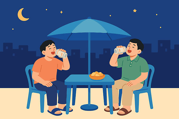 전신 남자 일러스트 밤하늘 대화 웃음 들기 앉기 성인 두명 일상 마시기 도시 파라솔 캔맥주 야외테이블 플라스틱의자 성인남자만 국내일러스트 AI파일 의자 모션 탁자 하늘 맥주 표정 말하기 사람 라이프 캔 야간 남자만 성인만 파일형식 벡터