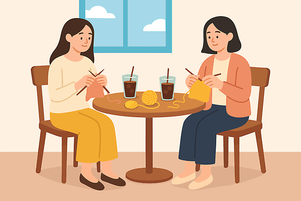 전신 여자 의자 일러스트 창문 탁자 잔 미소 들기 앉기 성인 취미 두명 일상 카페 뜨개질 실타래 아이스아메리카노 성인여자만 국내일러스트 AI파일 식기 가구 모션 표정 사람 라이프 상점 아메리카노 아이스커피 여자만 성인만 파일형식 벡터