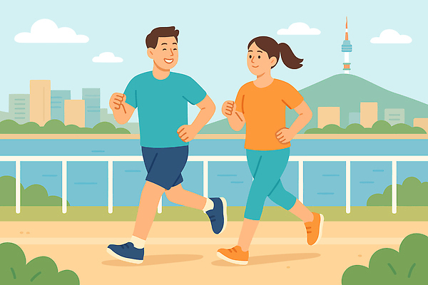 전신 구름 여자 남자 일러스트 하늘 미소 성인 두명 일상 울타리 달리기 도시 풀 한강 남산타워 러닝 성인만 국내일러스트 AI파일 자연요소 식물 모션 서울 표정 사람 라이프 담장 남산 랜드마크 파일형식 벡터