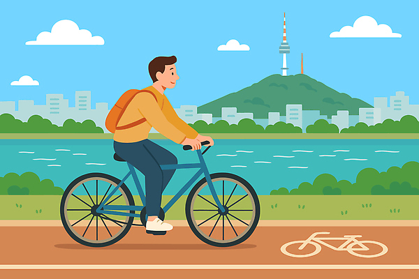 전신 구름 남자 일러스트 배낭 하늘 한명 미소 성인 일상 자전거 도시 승차 한강 트랙 남산타워 자전거도로 성인남자한명만 국내일러스트 AI파일 자연요소 1 가방 모션 서울 표정 사람 라이프 바이크 남산 랜드마크 전용도로 남자한명만 성인남자만 파일형식 벡터