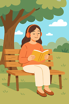 전신 나무 구름 여자 벤치 일러스트 하늘 한명 미소 들기 앉기 잔디 초원 성인 일상 책 독서 눈감음 헤드폰 성인여자한명만 국내일러스트 AI파일 자연요소 식물 1 음향기기 의자 모션 표정 사람 라이프 여자한명만 성인여자만 파일형식 벡터