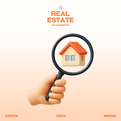 PSD 편집이미지 손 돋보기 부동산 주택 들기 신체부위 3D 주황색 집모양 편집3D 모양 컬러 모션 사람 건물 재산 디지털합성 파일형식