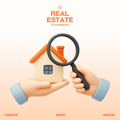 PSD 편집이미지 손 돋보기 부동산 주택 들기 신체부위 3D 주황색 집모양 편집3D 모양 컬러 모션 사람 건물 재산 디지털합성 파일형식