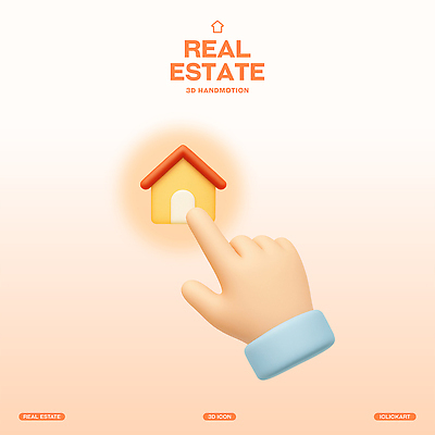 PSD 편집이미지 손 버튼 부동산 신체부위 빛 3D 주황색 누름 집모양 편집3D 모양 컬러 모션 사람 재산 디지털합성 파일형식