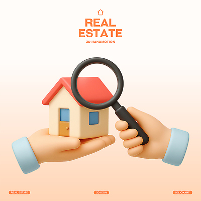PSD 편집이미지 손 돋보기 부동산 주택 들기 신체부위 3D 주황색 집모양 편집3D 모양 컬러 모션 사람 건물 재산 디지털합성 파일형식