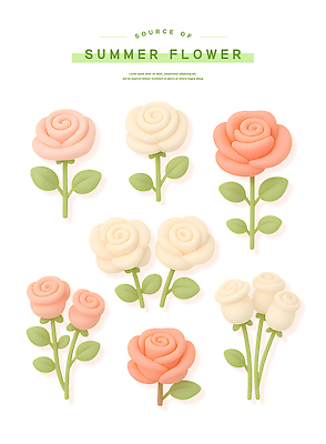 PSD 편집이미지 스티커 잎 여름꽃 사람없음 세트 장미 3D 엘리먼트 연분홍색 편집3D 식물 꽃 분홍색 디지털합성 파일형식 여름_계절