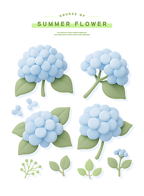 PSD 편집이미지 꽃잎 하늘색 스티커 잎 여름꽃 사람없음 세트 3D 꽃봉오리 수국 엘리먼트 편집3D 식물 꽃 파란색 디지털합성 파일형식 여름_계절