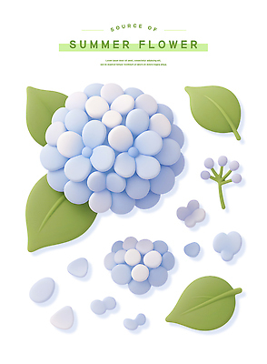 PSD 편집이미지 꽃잎 하늘색 스티커 잎 여름꽃 사람없음 세트 3D 꽃봉오리 수국 엘리먼트 편집3D 식물 꽃 파란색 디지털합성 파일형식 여름_계절