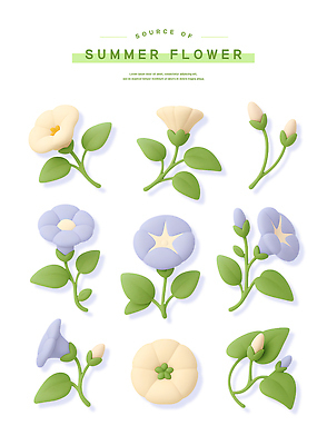 PSD 편집이미지 스티커 잎 여름꽃 사람없음 세트 3D 보라색 꽃봉오리 나팔꽃 엘리먼트 편집3D 식물 꽃 컬러 디지털합성 파일형식 여름_계절