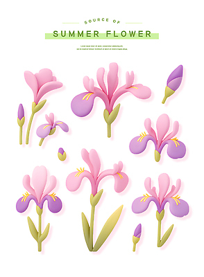PSD 편집이미지 스티커 잎 여름꽃 사람없음 세트 3D 보라색 꽃봉오리 붓꽃 엘리먼트 편집3D 식물 꽃 컬러 디지털합성 파일형식 여름_계절