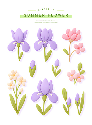 PSD 편집이미지 스티커 잎 여름꽃 사람없음 세트 3D 보라색 꽃봉오리 붓꽃 엘리먼트 편집3D 식물 꽃 컬러 디지털합성 파일형식 여름_계절