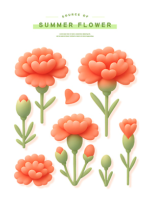 PSD 편집이미지 꽃잎 스티커 잎 여름꽃 사람없음 빨간색 세트 3D 카네이션 꽃봉오리 엘리먼트 편집3D 식물 꽃 컬러 디지털합성 파일형식 여름_계절