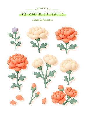 PSD 편집이미지 꽃잎 스티커 잎 여름꽃 사람없음 빨간색 세트 3D 카네이션 꽃봉오리 엘리먼트 편집3D 식물 꽃 컬러 디지털합성 파일형식 여름_계절