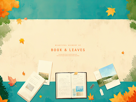 PSD 단풍 낙엽 일러스트 수채화 팜플렛 사람없음 책 가을풍경 펼침 엽서 청록색 북마크 카피스페이스 국내일러스트 컬러 잎 모션 풍경 공백 편지 파일형식 가을_계절