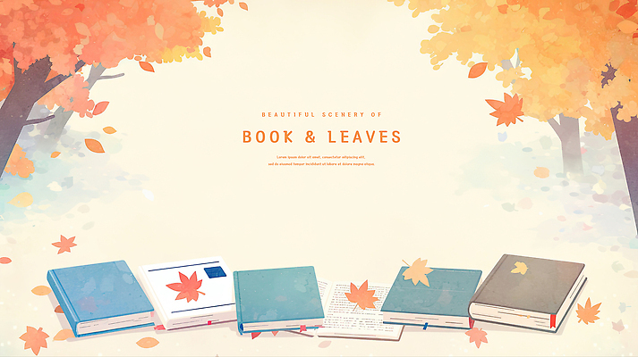 PSD 단풍 낙엽 일러스트 수채화 사람없음 책 가을풍경 주황색 펼침 떨어짐 카피스페이스 국내일러스트 컬러 컨셉 잎 모션 풍경 공백 파일형식 가을_계절