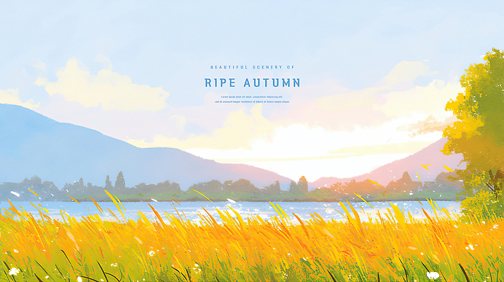 PSD 나무 구름 하늘색 일러스트 하늘 수채화 사람없음 햇빛 노을 가을풍경 낭만 강가 포근함 갈대밭 감성 산맥 국내일러스트 자연요소 식물 컨셉 산 풍경 파란색 강 태양 감각 파일형식 가을_계절 갈대_식물