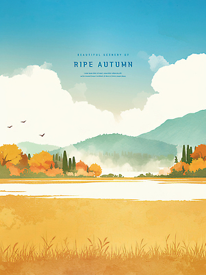 PSD 나무 구름 일러스트 조류 하늘 수채화 초원 사람없음 파란색 가을풍경 주황색 낭만 강가 포근함 감성 산맥 국내일러스트 자연요소 식물 동물 컬러 컨셉 산 풍경 강 감각 파일형식 가을_계절