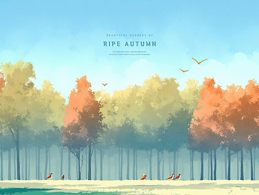 PSD 나무 구름 일러스트 하늘 수채화 초원 사람없음 가을풍경 낭만 숲속 포근함 감성 새떼 국내일러스트 자연요소 식물 컨셉 조류 풍경 감각 숲 파일형식 가을_계절