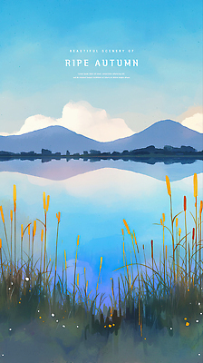 PSD 구름 호수 잎 일러스트 하늘 수채화 사람없음 파란색 반사 가을풍경 낭만 포근함 감성 부들 산맥 국내일러스트 자연요소 식물 컬러 컨셉 산 풍경 감각 파일형식 가을_계절
