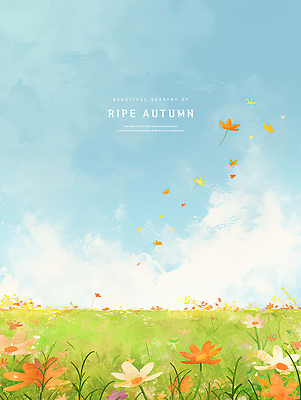 PSD 구름 꽃잎 하늘색 꽃밭 일러스트 하늘 수채화 사람없음 가을풍경 낭만 포근함 감성 흩날리기 국내일러스트 자연요소 꽃 컨셉 모션 풍경 파란색 감각 파일형식 가을_계절