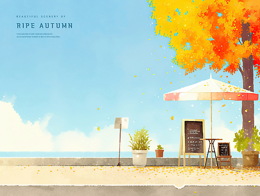 PSD 식물 구름 화분 일러스트 하늘 단풍나무 수채화 사람없음 가을풍경 낭만 파라솔 떨어짐 포근함 감성 길가 야외테라스 입간판 국내일러스트 자연요소 나무 컨셉 단풍 간판 풍경 발코니 감각 파일형식 가을_계절
