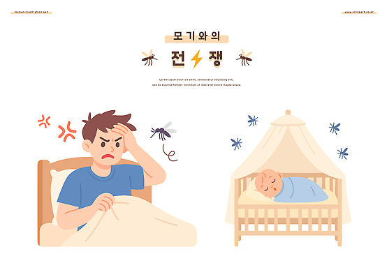 전신 남자 일러스트 베개 상반신 성인 두명 여름 이불 짜증 아기 잡기 잠 찡그림 전쟁 방해 모기 번개모양 아기침대 국내일러스트 머리짚기 AI파일 모양 계절 감정 컨셉 침구 모션 표정 사람 아기용품 침대 해충 번개 파일형식 벡터