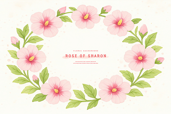 PSD 잎 일러스트 수채화 프레임 사람없음 꽃봉오리 무궁화 연분홍색 카피스페이스 국내일러스트 식물 꽃 분홍색 공백 파일형식