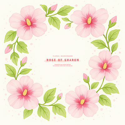 PSD 잎 일러스트 수채화 프레임 사람없음 꽃봉오리 무궁화 연분홍색 카피스페이스 국내일러스트 식물 꽃 분홍색 공백 파일형식