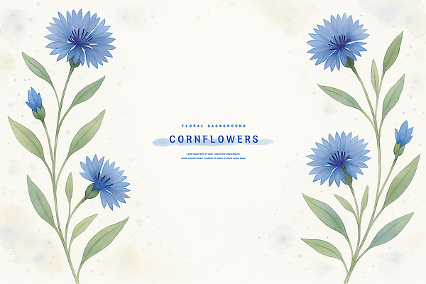 PSD 잎 일러스트 여름꽃 수채화 사람없음 파란색 꽃봉오리 꽃프레임 수레국화 카피스페이스 국내일러스트 식물 꽃 컬러 프레임 공백 파일형식 여름_계절