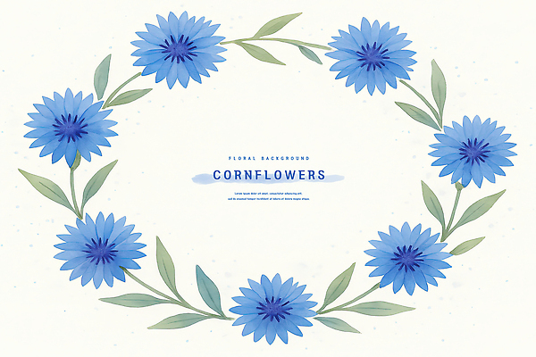 PSD 잎 일러스트 여름꽃 수채화 사람없음 파란색 꽃프레임 수레국화 카피스페이스 국내일러스트 식물 꽃 컬러 프레임 공백 파일형식 여름_계절