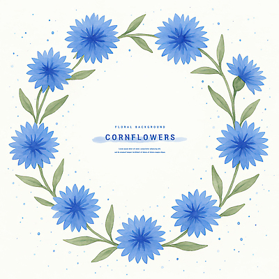 PSD 잎 일러스트 여름꽃 수채화 사람없음 파란색 꽃프레임 수레국화 카피스페이스 국내일러스트 식물 꽃 컬러 프레임 공백 파일형식 여름_계절