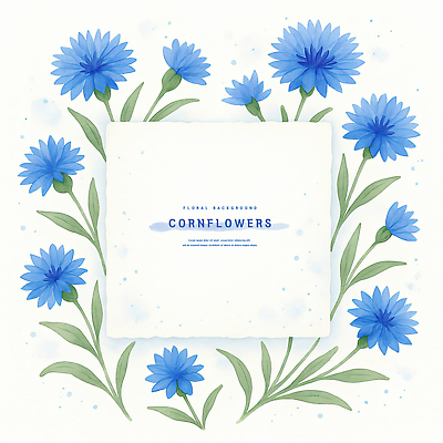 PSD 잎 일러스트 여름꽃 수채화 사람없음 파란색 꽃봉오리 꽃프레임 수레국화 카피스페이스 국내일러스트 식물 꽃 컬러 프레임 공백 파일형식 여름_계절