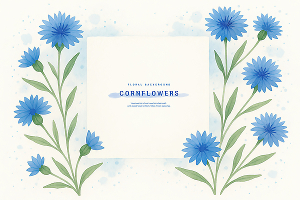 PSD 잎 일러스트 여름꽃 수채화 사람없음 파란색 꽃봉오리 꽃프레임 수레국화 카피스페이스 국내일러스트 식물 꽃 컬러 프레임 공백 파일형식 여름_계절