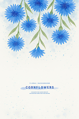 PSD 잎 일러스트 여름꽃 수채화 사람없음 파란색 수레국화 카피스페이스 국내일러스트 식물 꽃 컬러 공백 파일형식 여름_계절