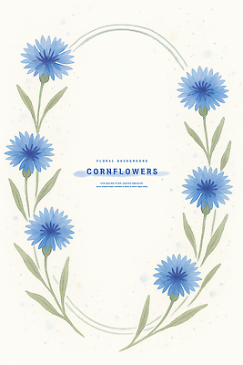 PSD 잎 일러스트 여름꽃 수채화 사람없음 파란색 꽃프레임 수레국화 카피스페이스 국내일러스트 식물 꽃 컬러 프레임 공백 파일형식 여름_계절