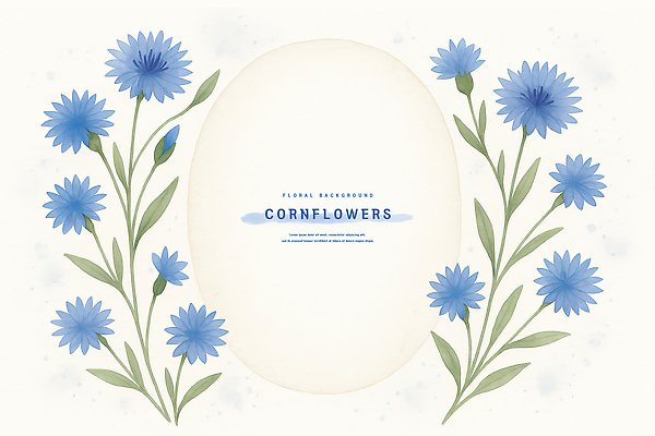 PSD 잎 일러스트 여름꽃 수채화 사람없음 파란색 꽃봉오리 꽃프레임 수레국화 카피스페이스 국내일러스트 식물 꽃 컬러 프레임 공백 파일형식 여름_계절