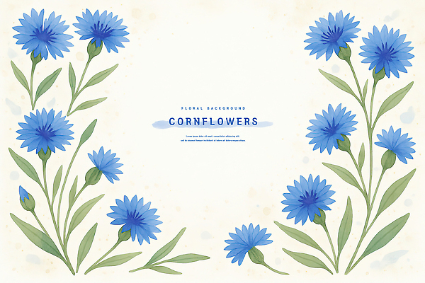 PSD 잎 일러스트 여름꽃 수채화 사람없음 파란색 꽃봉오리 꽃프레임 수레국화 카피스페이스 국내일러스트 식물 꽃 컬러 프레임 공백 파일형식 여름_계절
