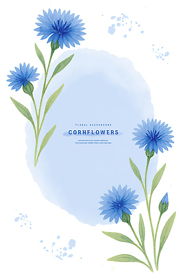 PSD 잎 일러스트 여름꽃 수채화 사람없음 파란색 꽃봉오리 꽃프레임 수레국화 카피스페이스 국내일러스트 식물 꽃 컬러 프레임 공백 파일형식 여름_계절