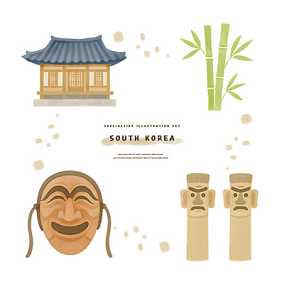 PSD 한국전통 전통문화 스티커 일러스트 수채화 기와집 사람없음 세트 대나무 오브젝트 하회탈 장승 국내일러스트 나무 전통 문화 한옥 한국 탈 파일형식